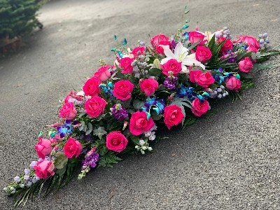 Rose , Delphinium and Dendrobe Casket Spray