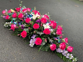 Rose , Delphinium and Dendrobe Casket Spray